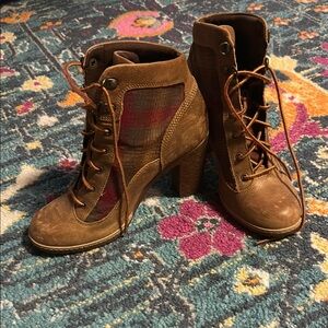 Brown Plaid Women's Ankle Boots